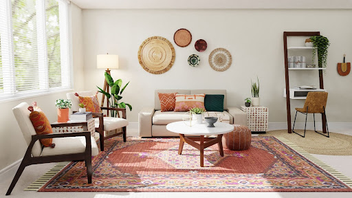 A living room with pink accent pillows and a matching accent rug.